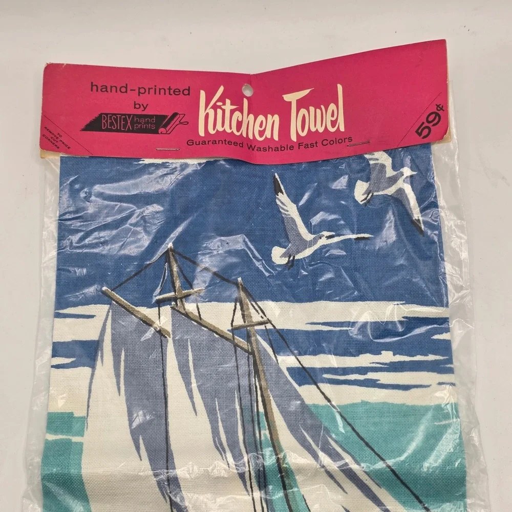 Kitchen Towel Vintage‎ MCM Coastal Blue Sailboat Lighthouse Beach Decor NOS